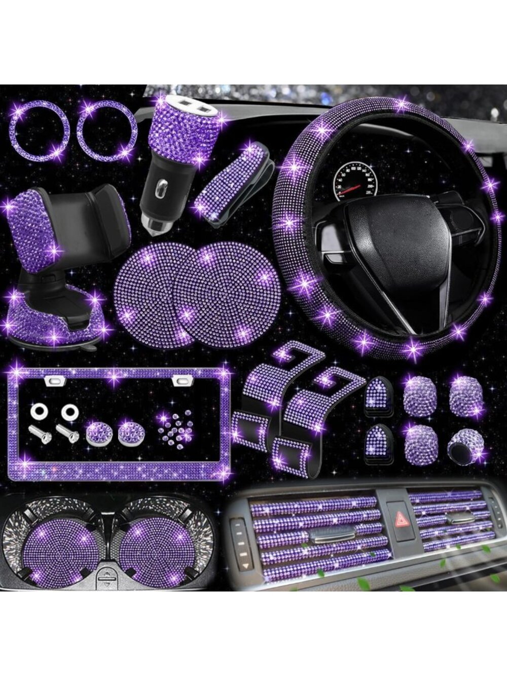 27-Piece Purple Bling Car Accessories Set for Women - Steering Wheel Cover